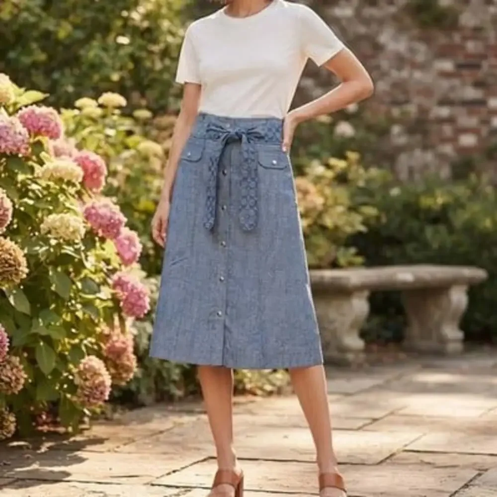 Coach 1941 Sz 10 Belted Chambray Blue Coastal Knee Length Skirt